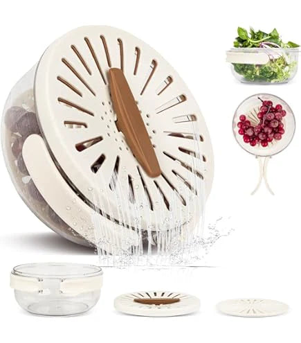 White salad spinner with brown handle on a white background, surrounded by images of fresh produce.