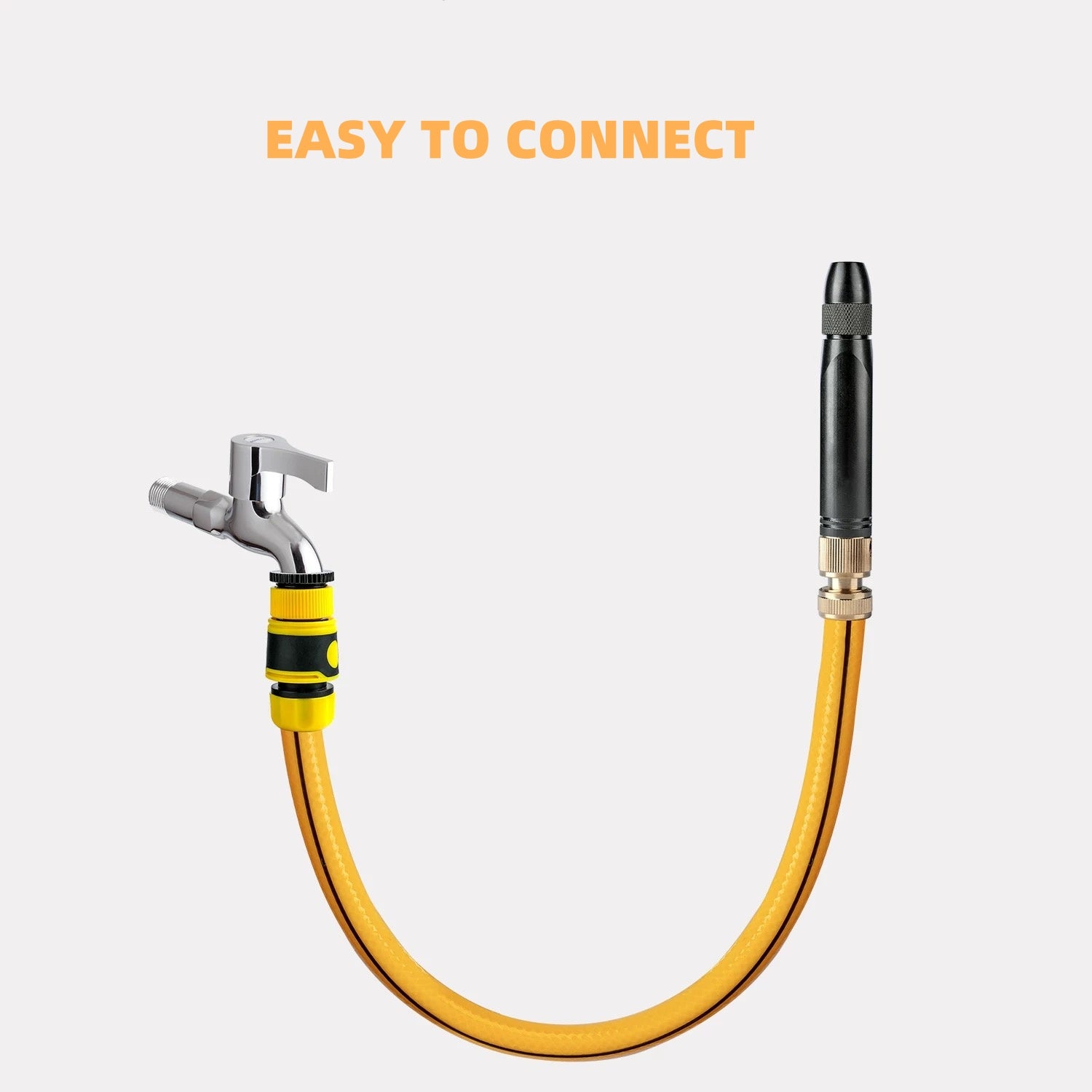 Yellow hose with metal connectors on a white background, labeled 'Easy to Connect'. high pressure power washer spray gun