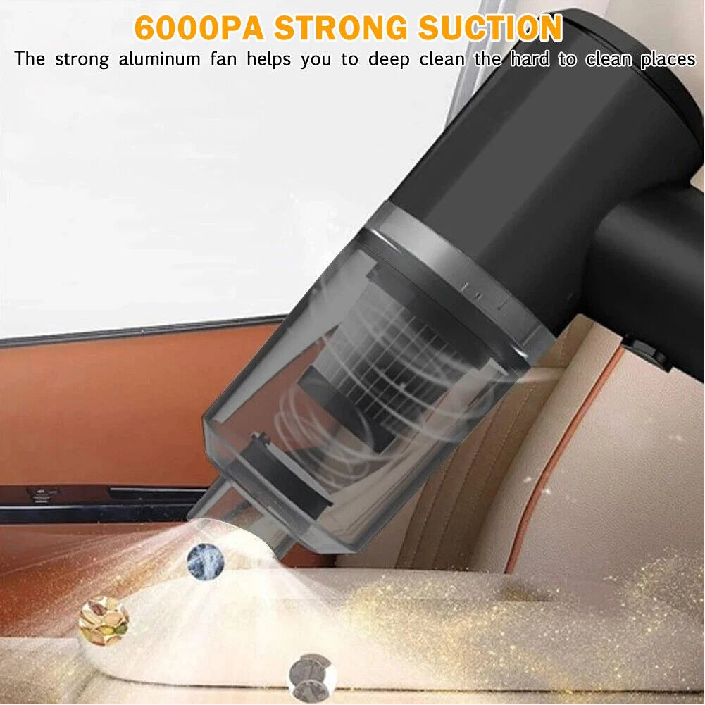 Handheld vacuum cleaner with strong suction cleaning a car interior.