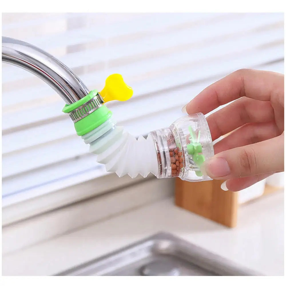 Bent kitchen faucet filter with colorful design against a kitchen sink background. rotating faucet filter, water saving tap nozzle, kitchen sink aerator pk, 360 splash sprayer, faucet booster Pakistan