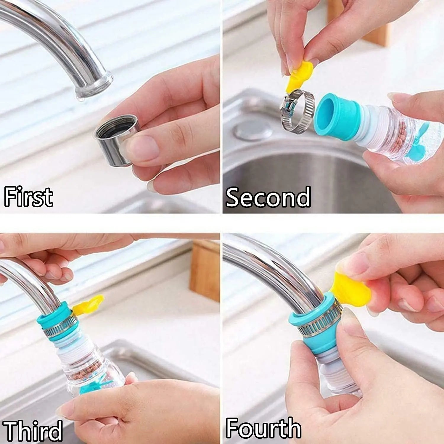 Step-by-step process of using a kitchen faucet adapter. rotating faucet filter, water saving tap nozzle, kitchen sink aerator pk, 360 splash sprayer, faucet booster Pakistan
