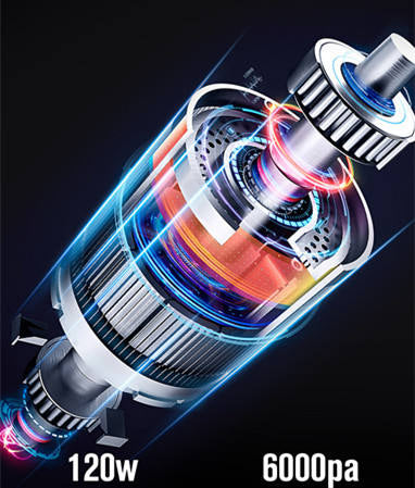 High-power mechanical component with '120w' and '6000pa' text on a dark background. 9000Pa mini vacuum price, USB-C handheld vacuum LED, 3-in-1 blower duster vacuum, portable wet dry vacuum Pakistan