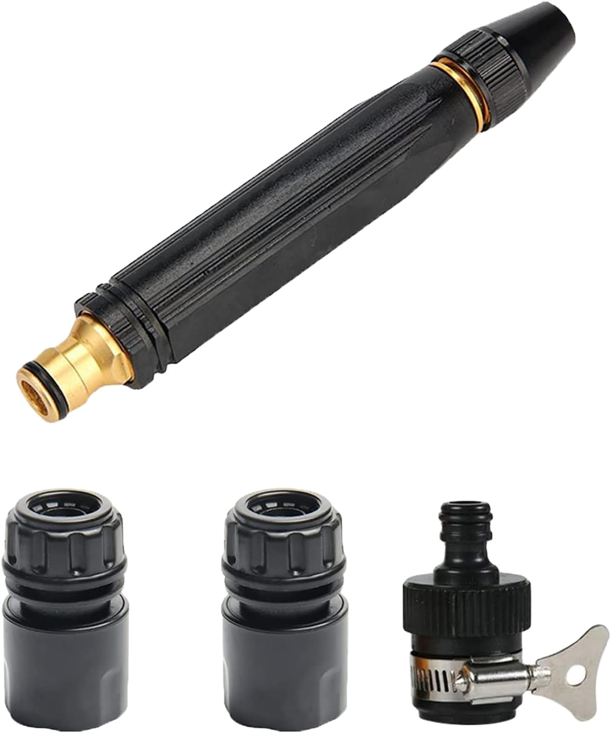 Set of black and gold garden hose nozzles on a white background