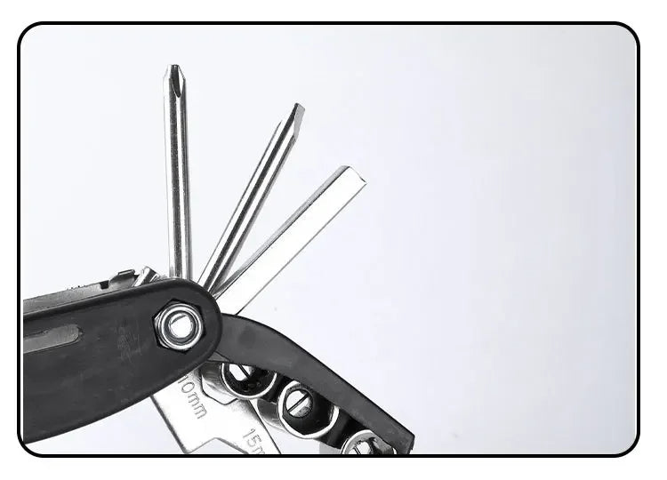 Multitool with various tools extended on a light gray background. 8 9 10 mm socket bike tool, 14G spoke wrench multitool, hex 2 2.5 3 4 5 6 mm tool, budget bike multitool.