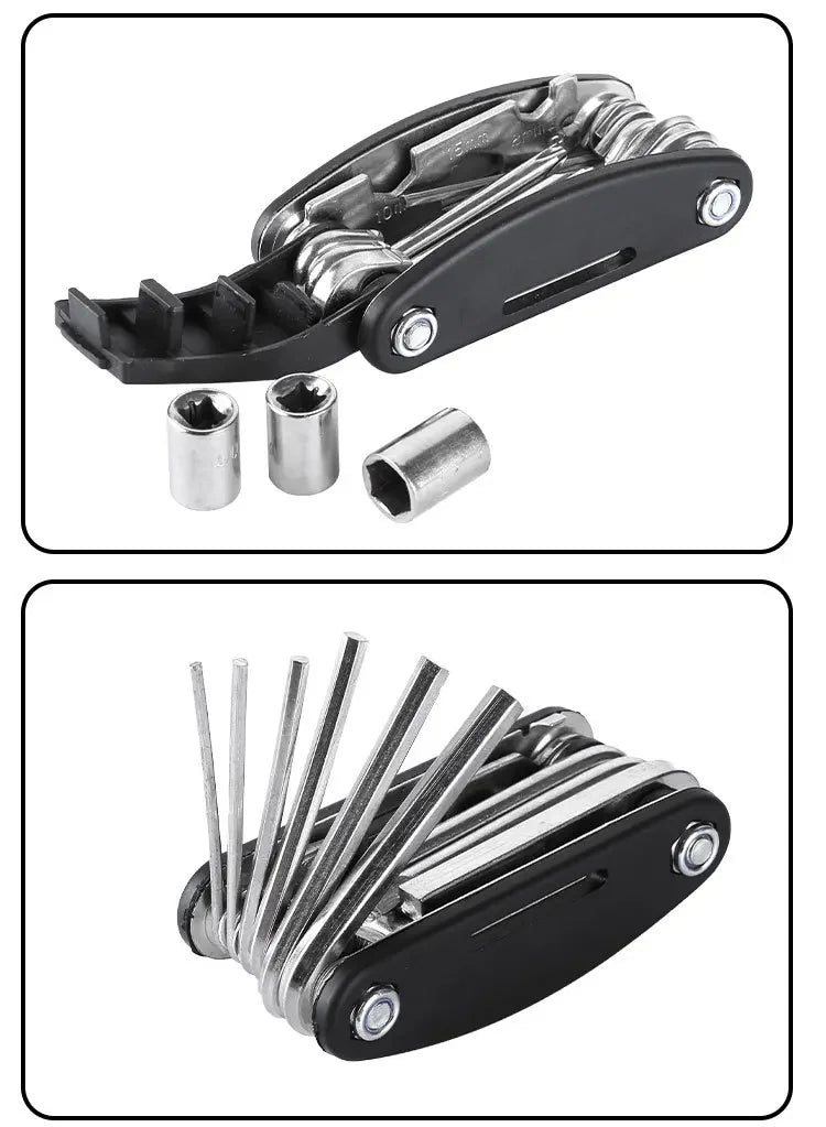 Multi-tool with various components on a white background. 8 9 10 mm socket bike tool, 14G spoke wrench multitool, hex 2 2.5 3 4 5 6 mm tool, budget bike multitool.