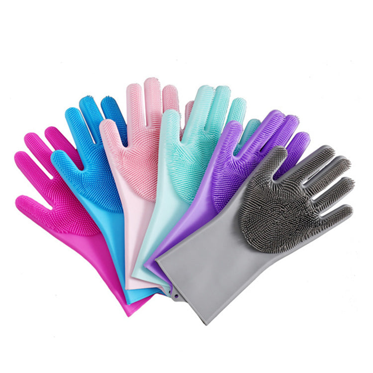 Set of colorful cleaning gloves with a scrubber on a white background
