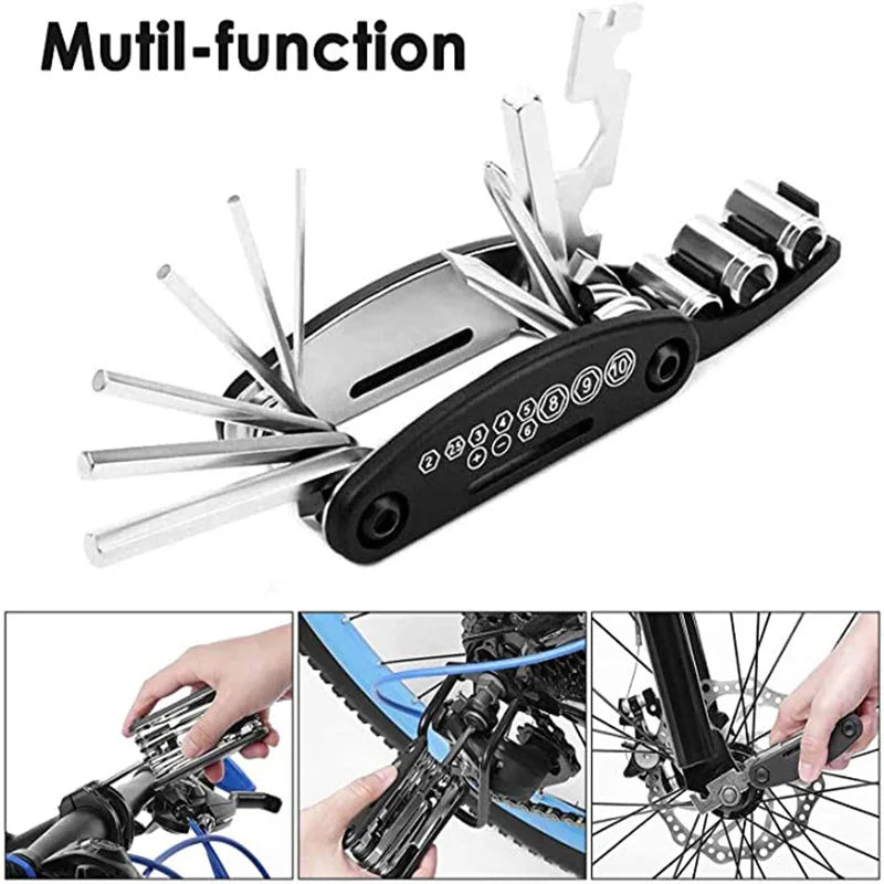 Multifunctional tool with various attachments on a white background. 8 9 10 mm socket bike tool, 14G spoke wrench multitool, hex 2 2.5 3 4 5 6 mm tool, budget bike multitool.