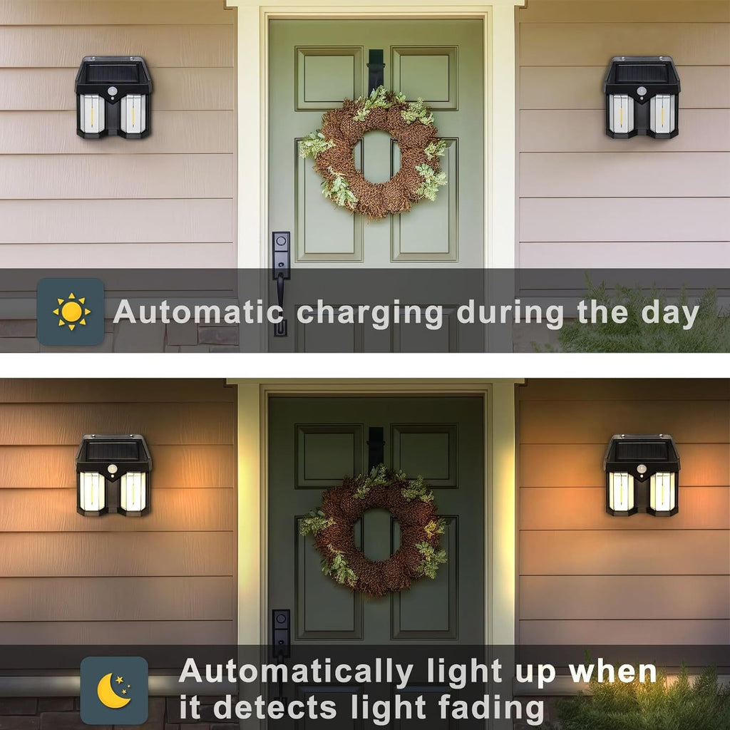 Solar-powered outdoor lights on a house exterior with text indicating automatic charging and light-up features. solar wall light CL-228, solar motion sensor light Pakistan, outdoor waterproof solar light.