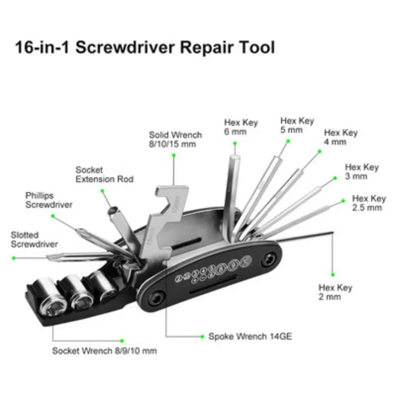 16-in-1 screwdriver repair tool with labeled components on a white background. 8 9 10 mm socket bike tool, 14G spoke wrench multitool, hex 2 2.5 3 4 5 6 mm tool, budget bike multitool.