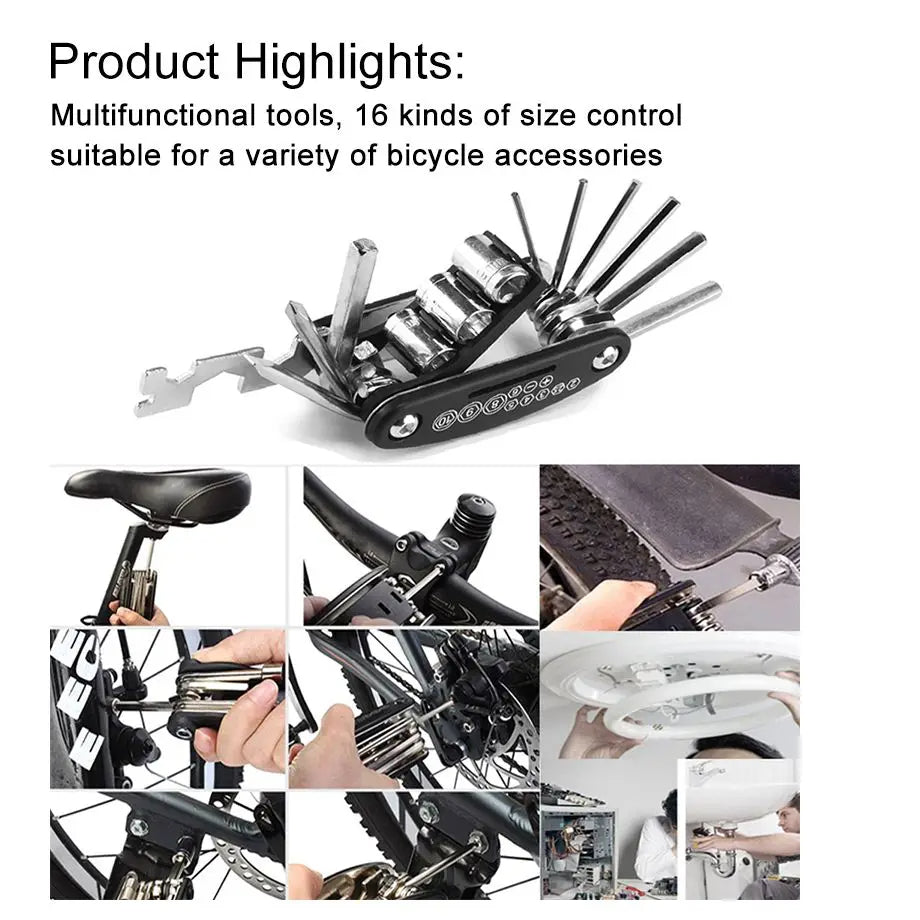 Multifunctional bicycle tool set with various attachments on a white background. 8 9 10 mm socket bike tool, 14G spoke wrench multitool, hex 2 2.5 3 4 5 6 mm tool, budget bike multitool.