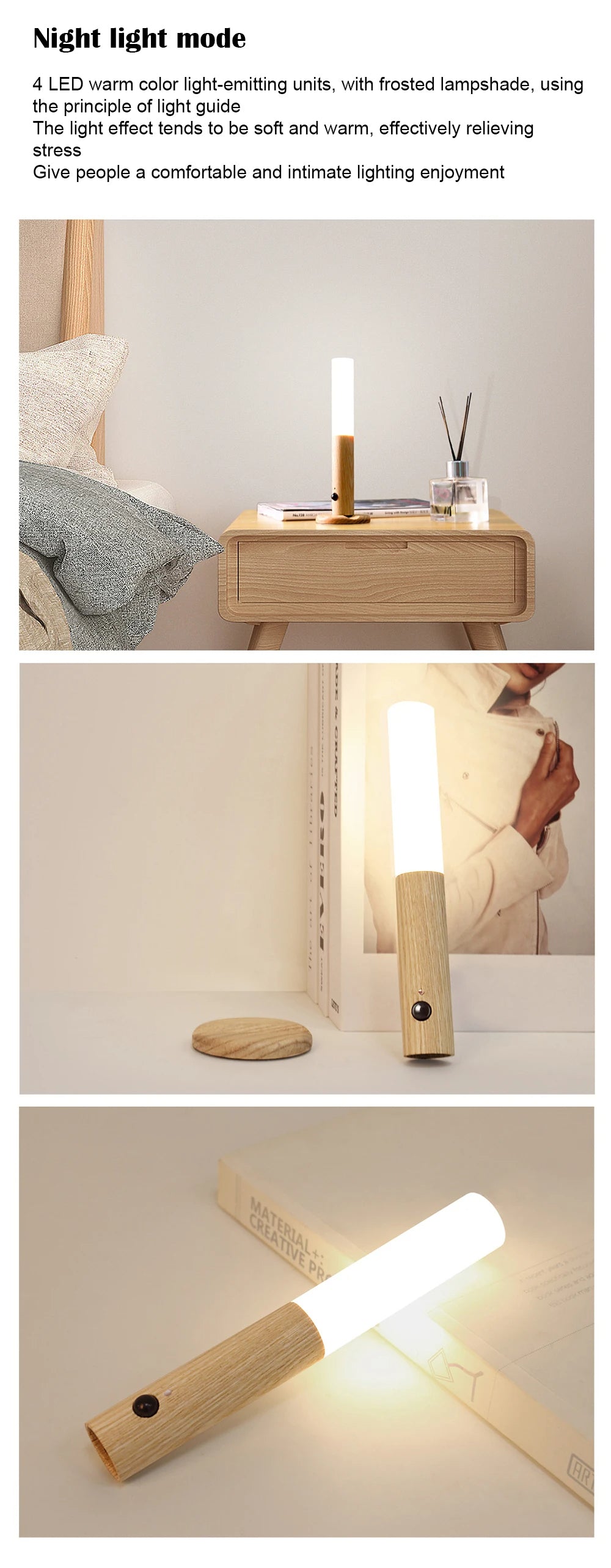 Wooden night light emitting a soft glow on a wooden surface.  magnetic motion sensor night light, wooden rechargeable night lamp.