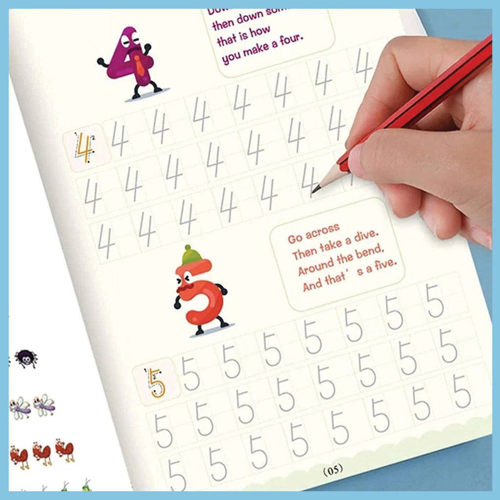 Hand holding a red pen writing numbers on a worksheet with cartoon characters and text. sank magic practice copybook Pakistan, reusable handwriting workbook.