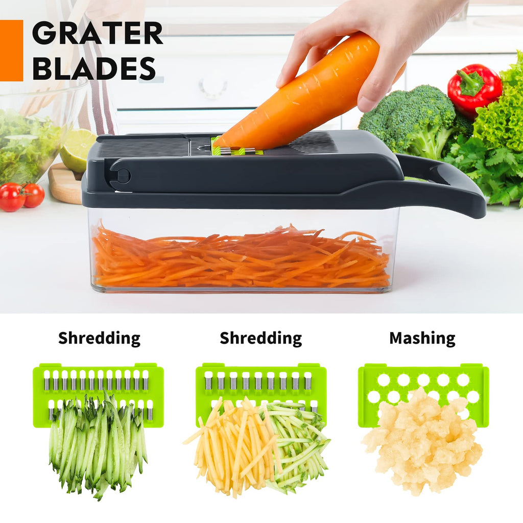 Vegetable grater with carrots being grated, surrounded by vegetables on a white background. 16 in 1 vegetable chopper Pakistan, mandoline slicer onion cutter.