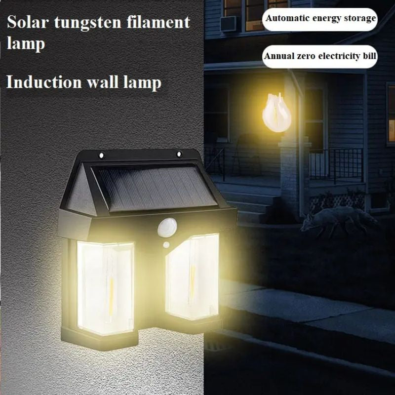 Solar tungsten filament lamp with text on energy storage and electricity bill savings. solar wall light CL-228, solar motion sensor light Pakistan, outdoor waterproof solar light.