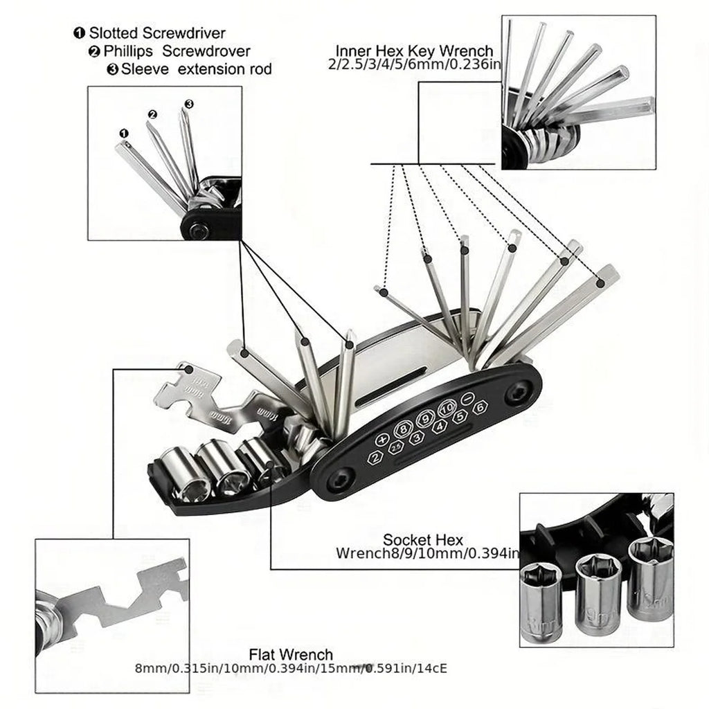 Multitool with various tools including screwdrivers and wrenches on a white background. 8 9 10 mm socket bike tool, 14G spoke wrench multitool, hex 2 2.5 3 4 5 6 mm tool, budget bike multitool.