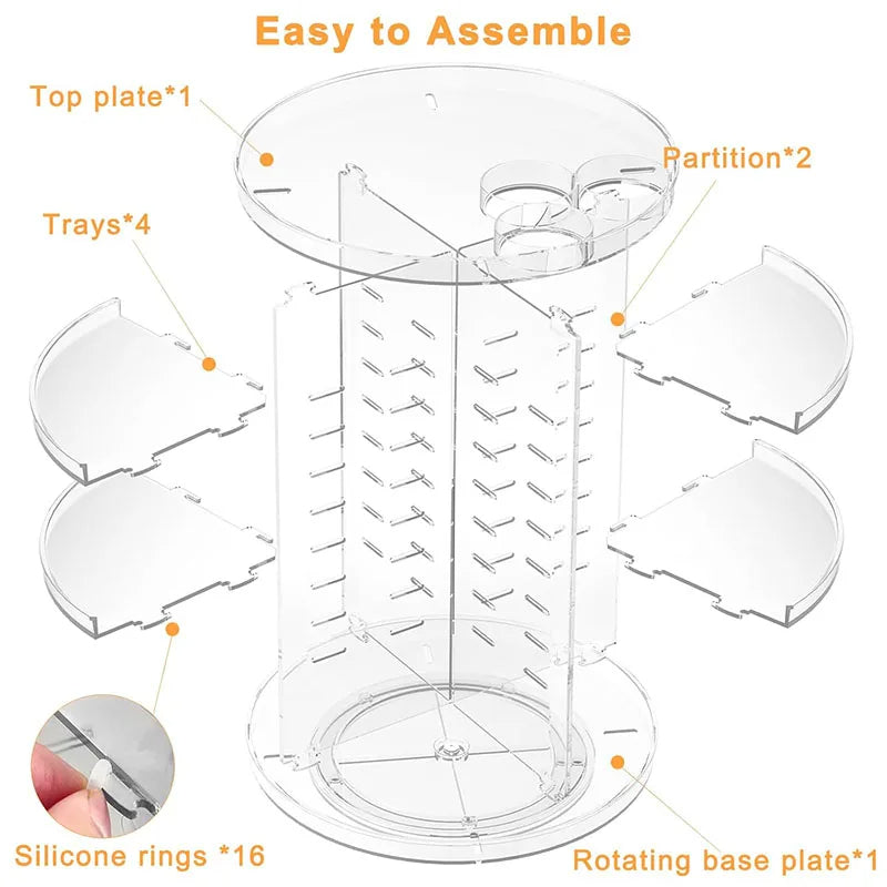 Clear plastic tiered display with labeled parts on a white background. Rotating makeup organizer Pakistan, acrylic 360 makeup organizer
