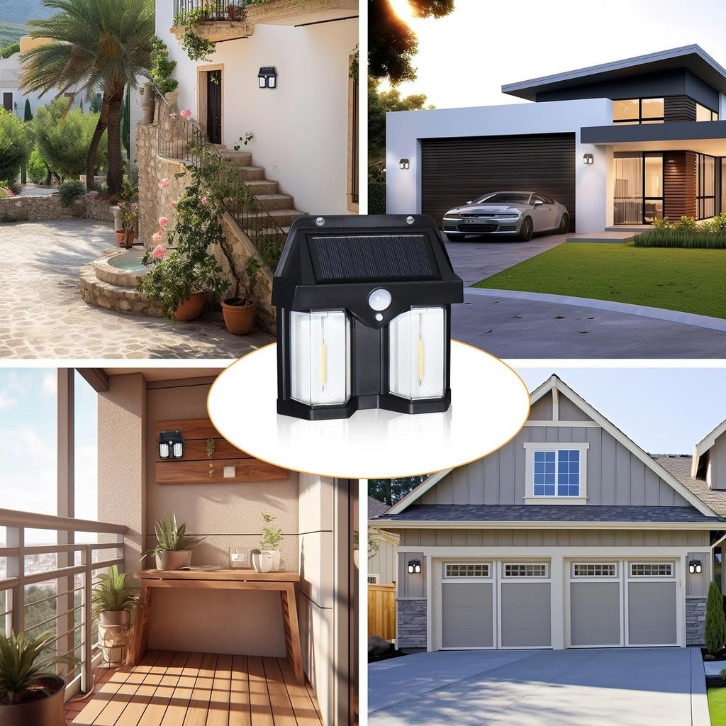 Solar light fixture with outdoor settings including a house, driveway, and interior. solar wall light CL-228, solar motion sensor light Pakistan, outdoor waterproof solar light.