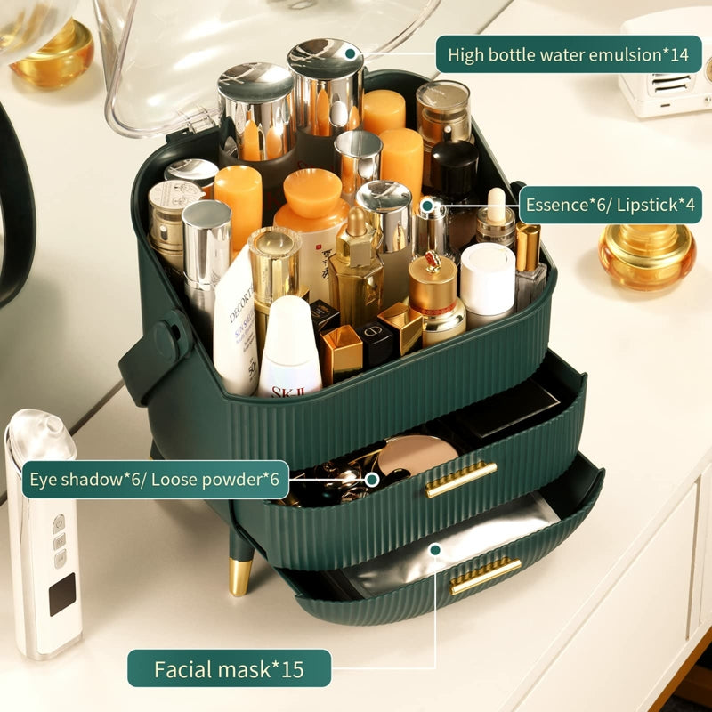 Luxury Dust-Proof Makeup Organizer Box with Handle & Drawers – 25 × 18.5 × 37 cm Portable Vanity Storage