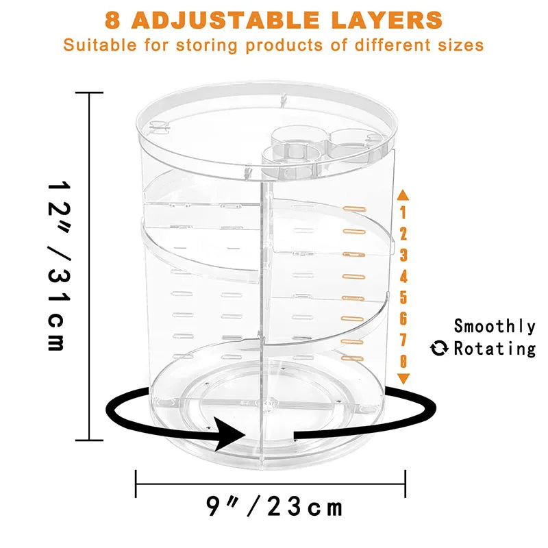 Clear plastic tiered organizer with adjustable layers, dimensions, and rotation feature on a white background. 31 cm makeup carousel, adjustable vanity organizer, clear skincare storage rack, brush holder perfume tray.