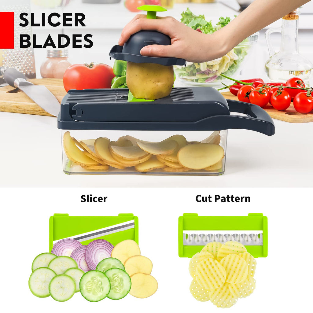 Veggie slicer with sliced vegetables on a white background. 16 in 1 vegetable chopper Pakistan, mandoline slicer onion cutter.