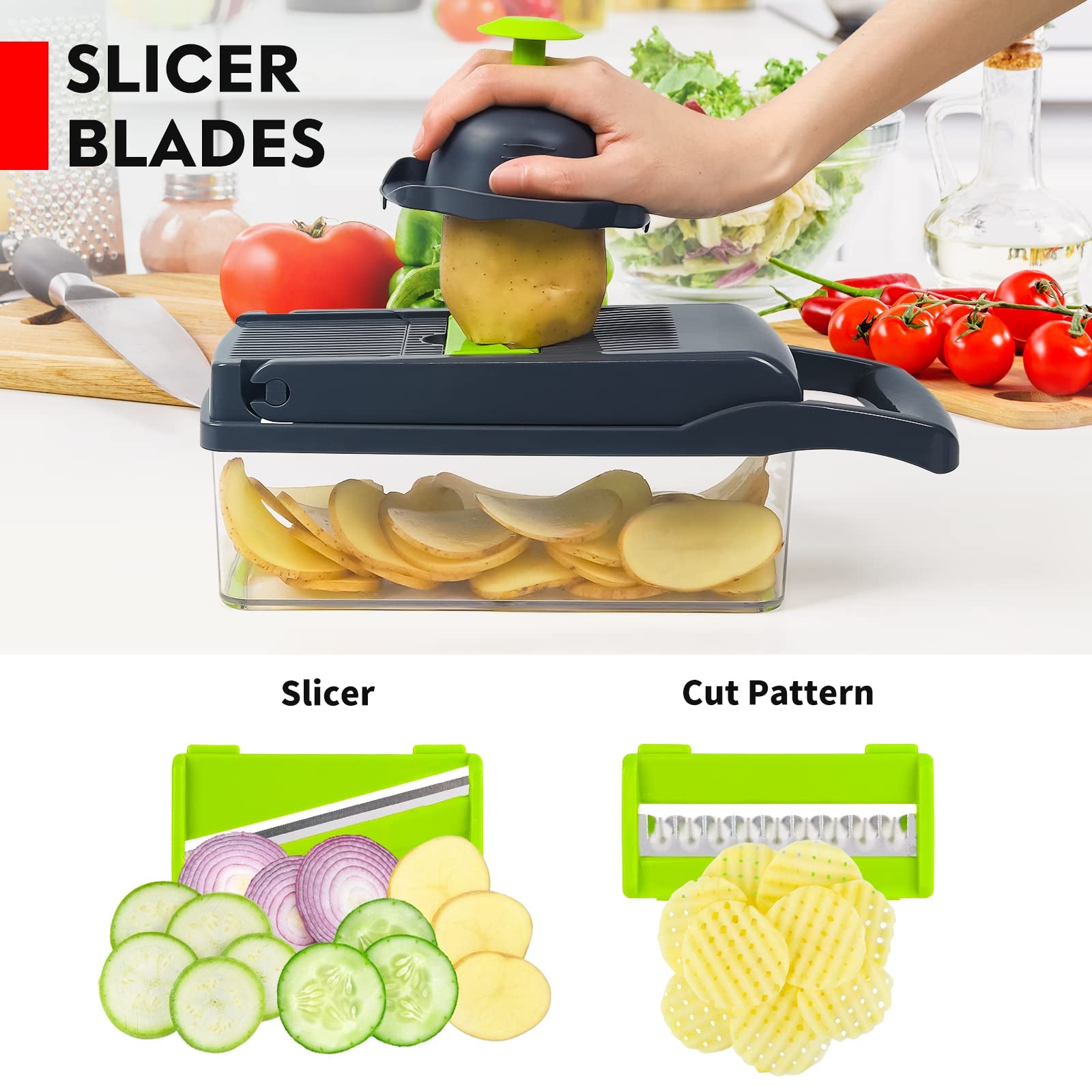 Veggie slicer with sliced vegetables on a white background. 16 in 1 vegetable chopper Pakistan, mandoline slicer onion cutter.