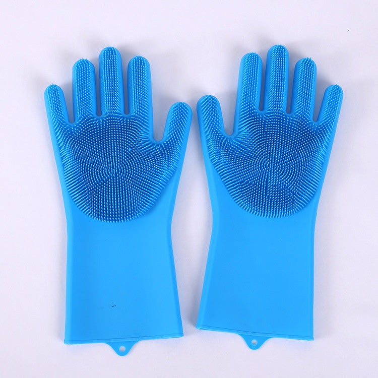 Pair of blue silicone gloves with textured surface on a white background