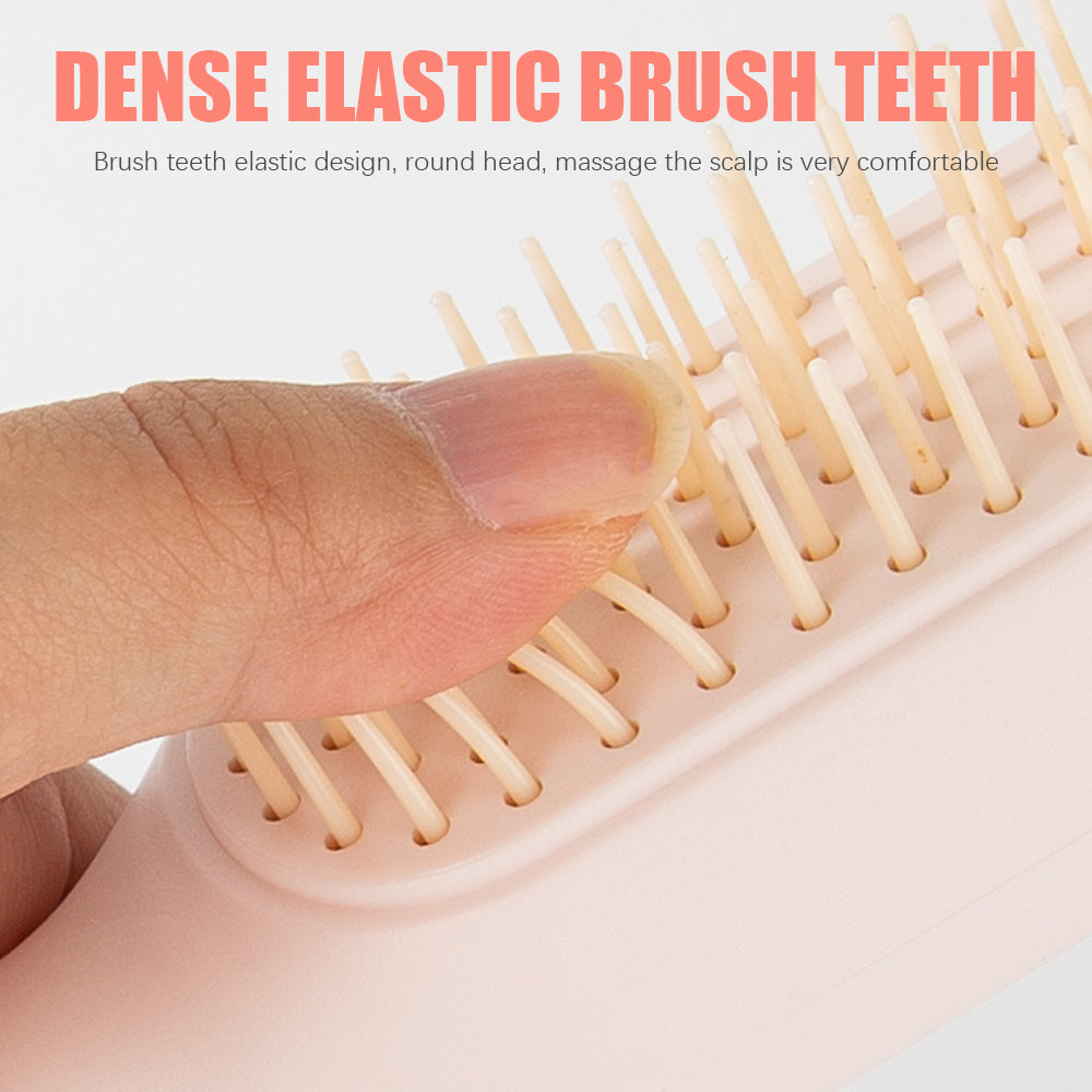 Hairbrush with dense elastic brush teeth being held by a hand, with text describing the product.