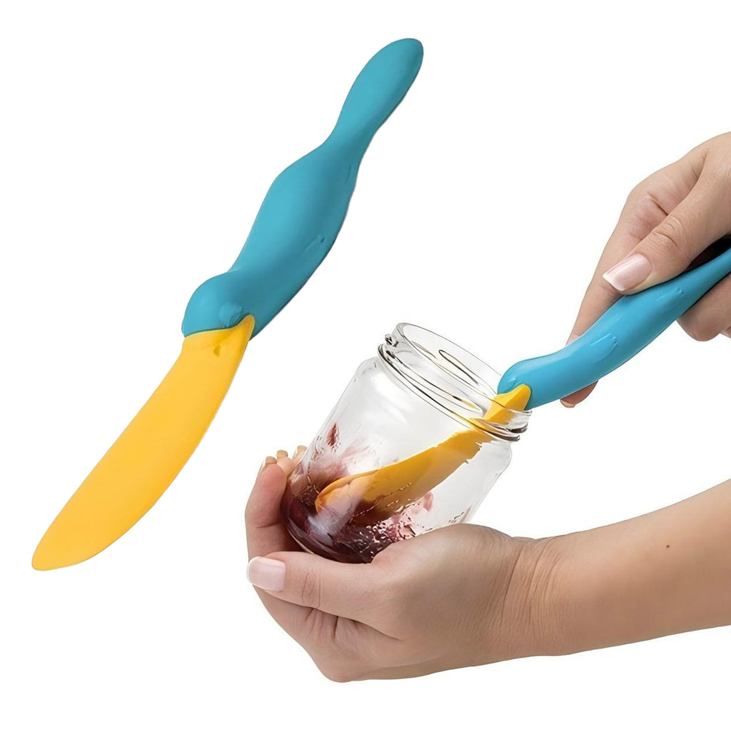 Colorful utensils with blue and yellow handles being used to open a jar. platypus jar scraper, peanut butter scraper tool, waste free kitchen gadget, OTOTO jar spatula, jam spreader Pakistan