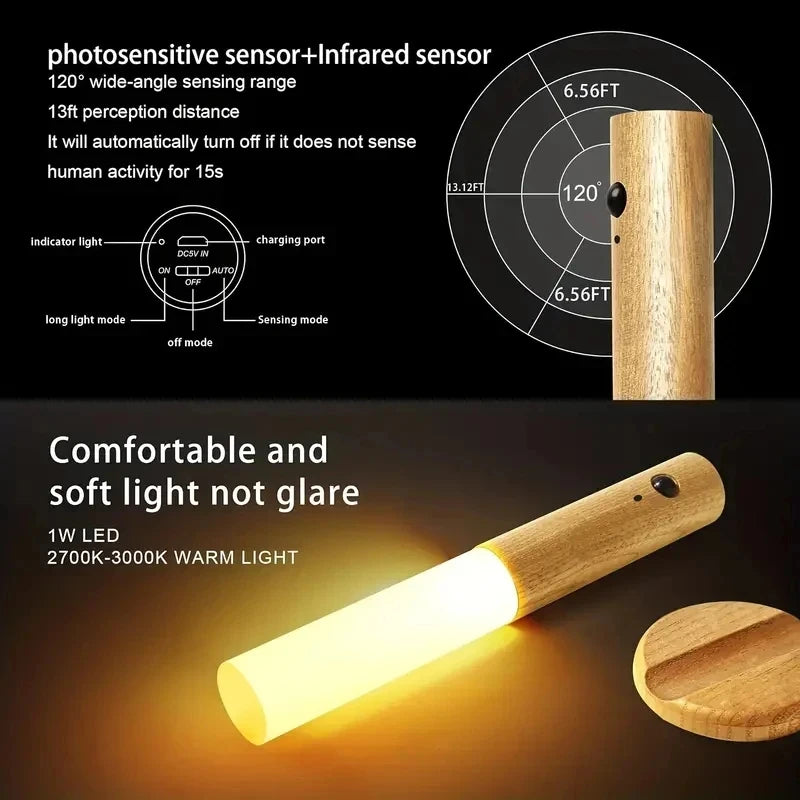 Wooden sensor light with technical specifications and warm light emission on a black background.  magnetic motion sensor night light, wooden rechargeable night lamp..