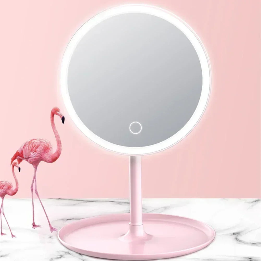 Makeup mirror with LED lights on a pink background with flamingo decorations