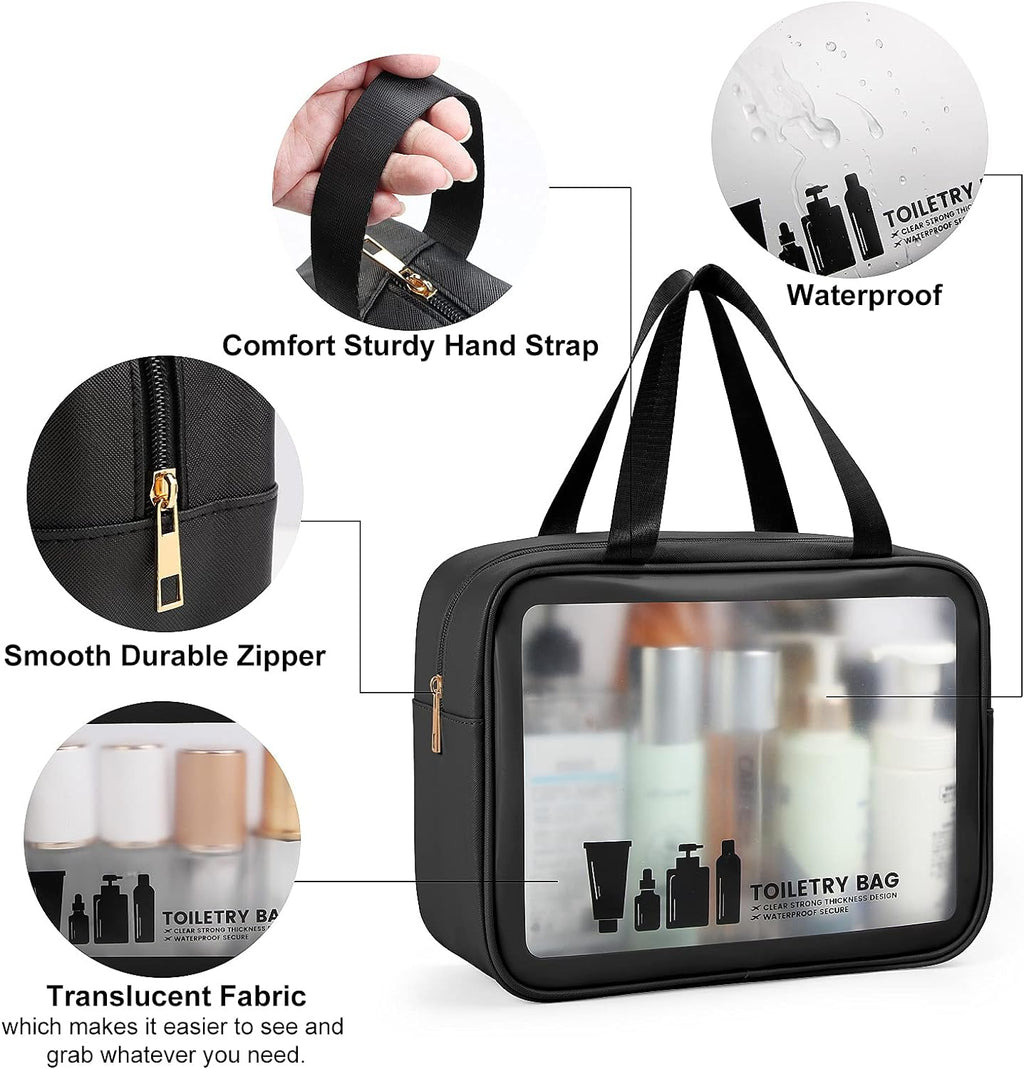Black toiletry bag with features highlighted on a white background. waterproof transparent wash bag, toiletry bag Pakistan