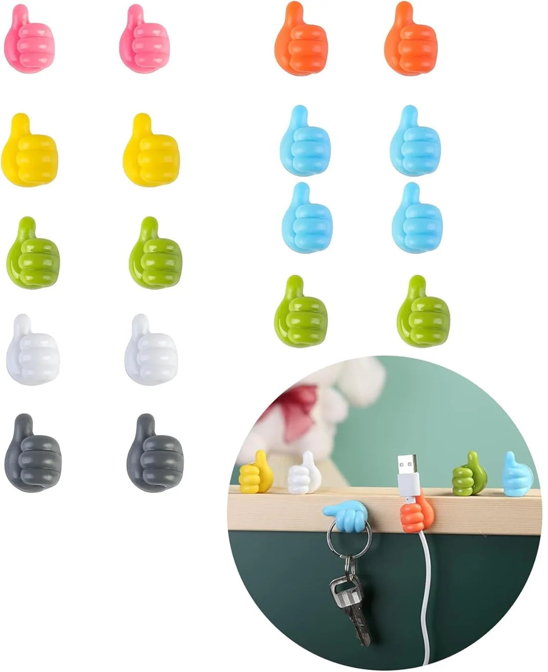 10 Pcs Thumbs Up Wall Hooks - Cute Silicone Cable Organizer & Multi-Function Self-Adhesive Hooks (Random Colors)
