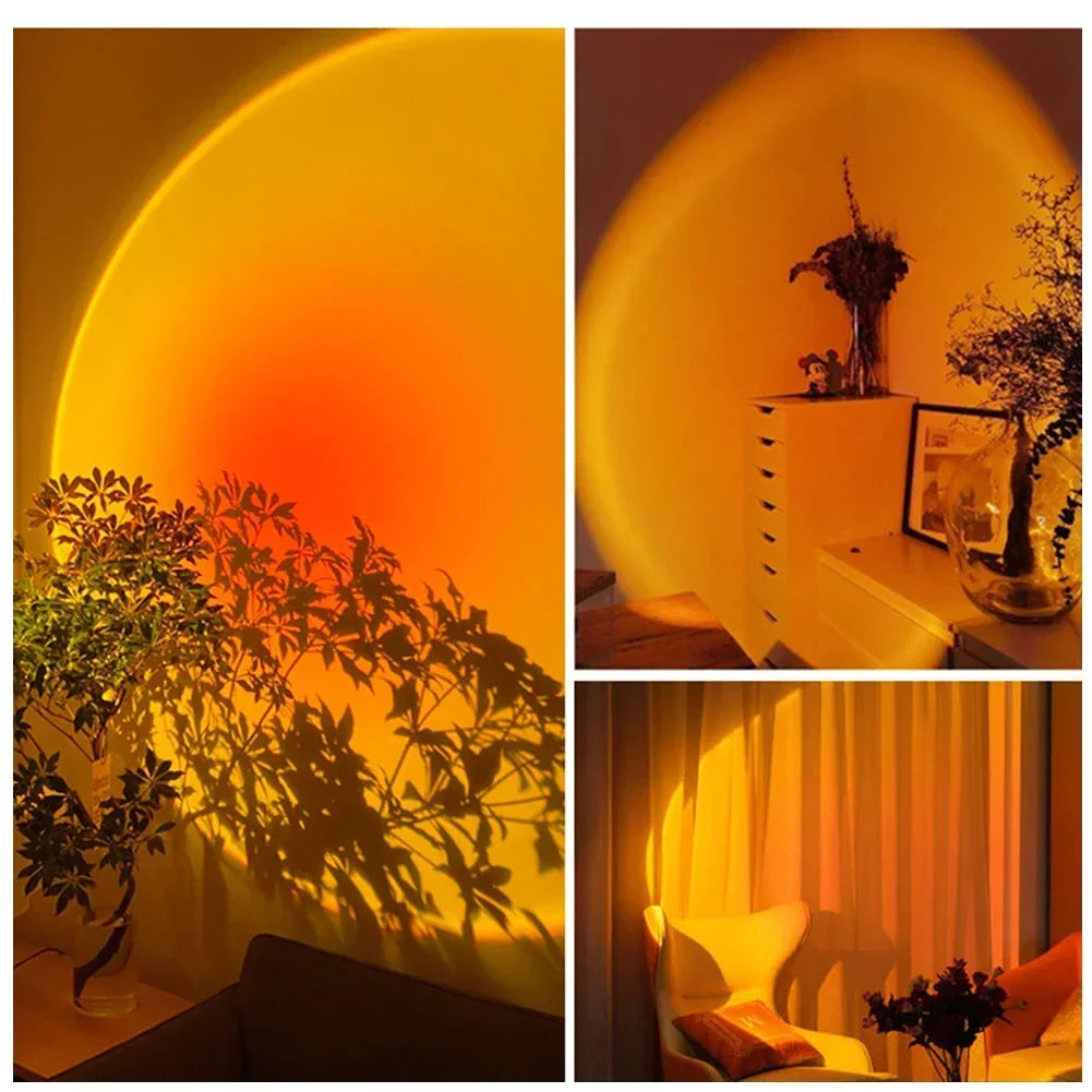Collage of a warm-toned room with a large circular light fixture casting shadows on a wall. sunset lamp astronaut projector Pakistan, sunset projection lamp