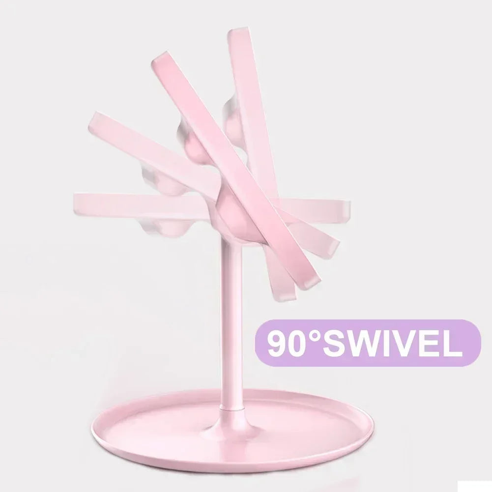 Pink swivel stand with '90° Swivel' label on a white background. Vanity LED Light Mirror.