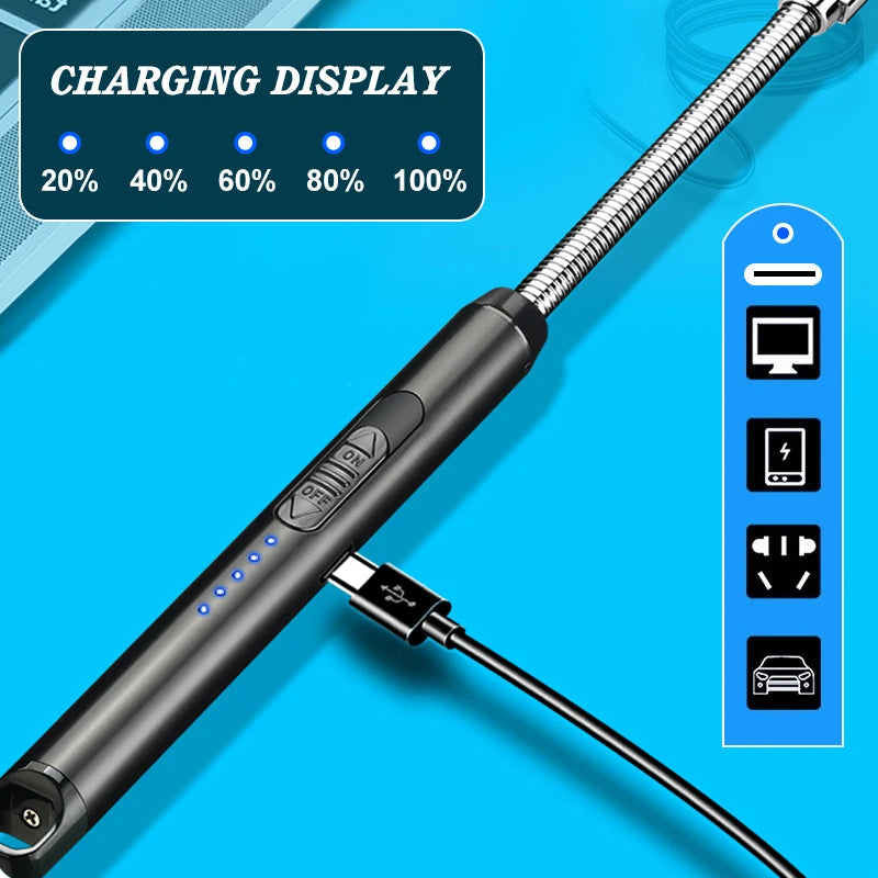 Black electronic device with charging display on a blue background. usb electric lighter pakistan, rechargeable plasma lighter, windproof candle lighter