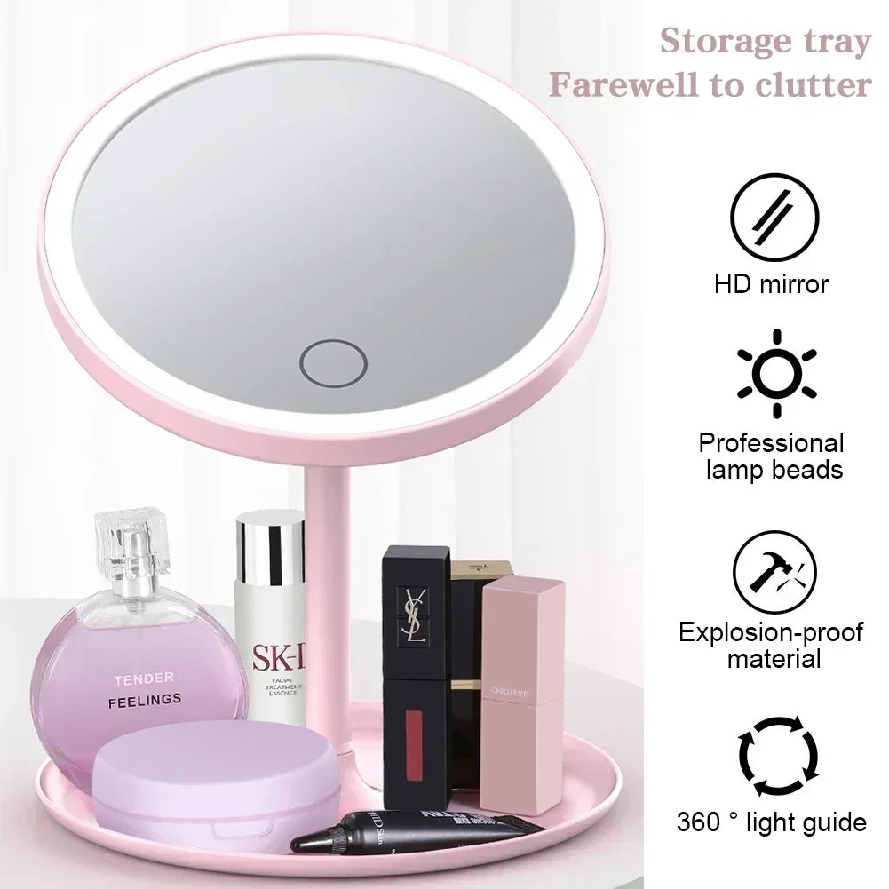 Pink vanity mirror with storage tray holding makeup products, featuring text on product features.