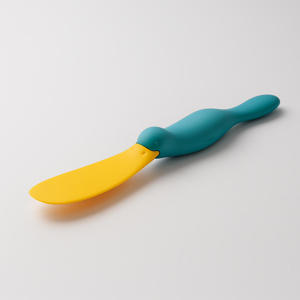 Teal and yellow plastic spatula on a light gray background. jar scraper spatula Pakistan, Splatypus silicone spatula