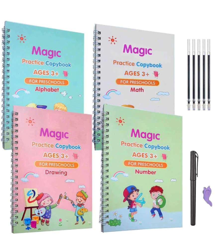 Set of 'Magic Practice Copybook' for preschoolers with coloring pens on a white background. sank magic practice copybook Pakistan, reusable handwriting workbook.