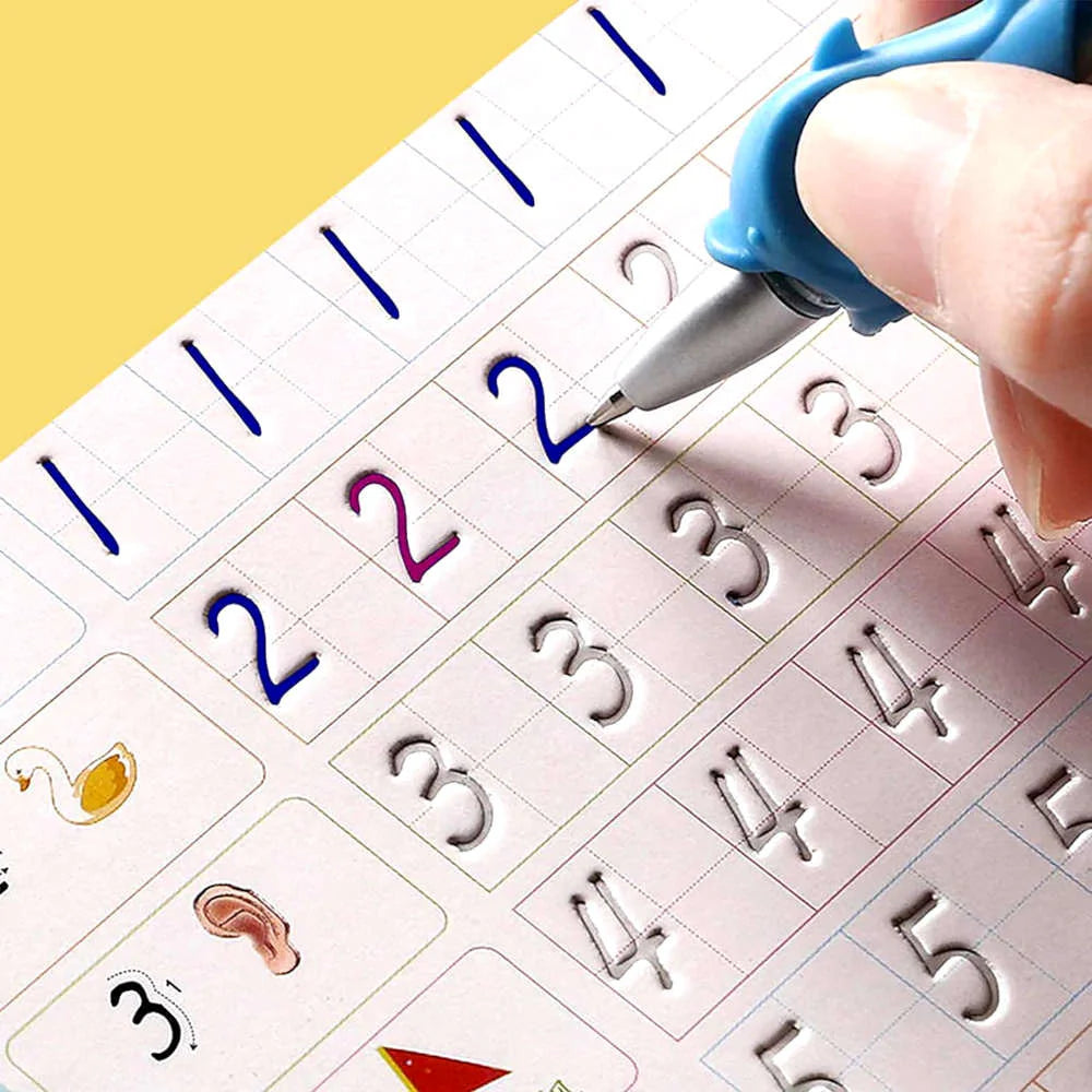 Hand using scissors to cut out numbers from a worksheet with a yellow background. sank magic practice copybook Pakistan, reusable handwriting workbook.