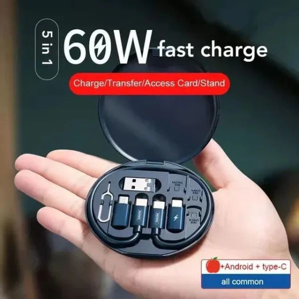 Portable 5-in-1 Fast-Charge Cable Kit (60 W) – Universal Charging & Data Transfer