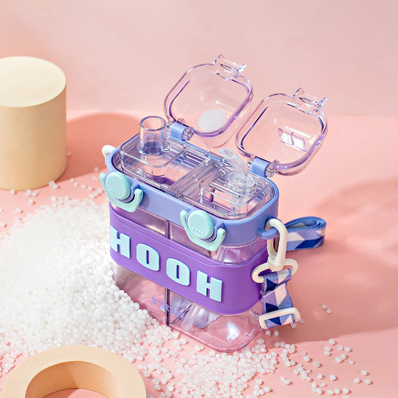 Colorful water bottle with 'HOOH' branding on a pink background. HOOH water pot 800ml, double chamber bottle with strap, kids crossbody water bottle, two drinks bottle, HOOH split drink bottle, dual chamber water bottle, 2‑in‑1 water bottle Pakistan.