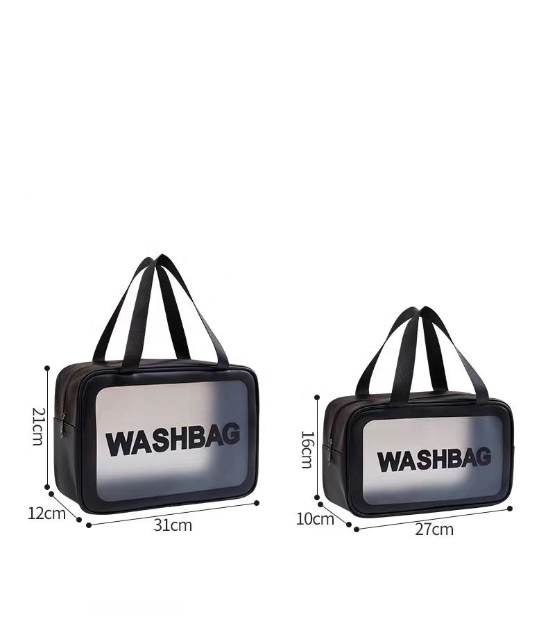 Two black washbags with transparent sides and dimensions displayed on a white background. PVC washbag 27x16x10, TSA approved cosmetic bag, travel makeup organizer Pakistan.