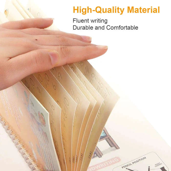 Hand holding a spiral-bound notebook with text about high-quality material, fluent writing, durability, and comfort. sank magic practice copybook Pakistan, reusable handwriting workbook.