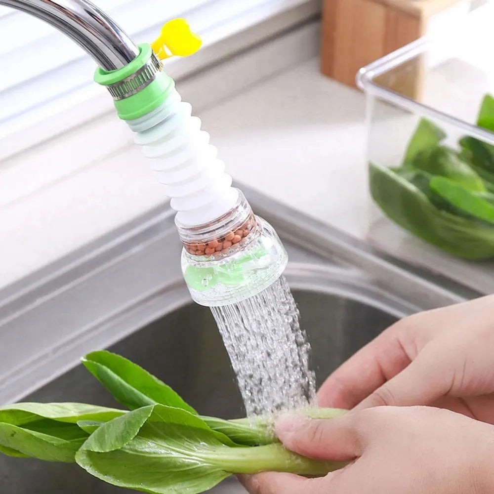 Kitchen faucet attachment being used to rinse greens under running water.