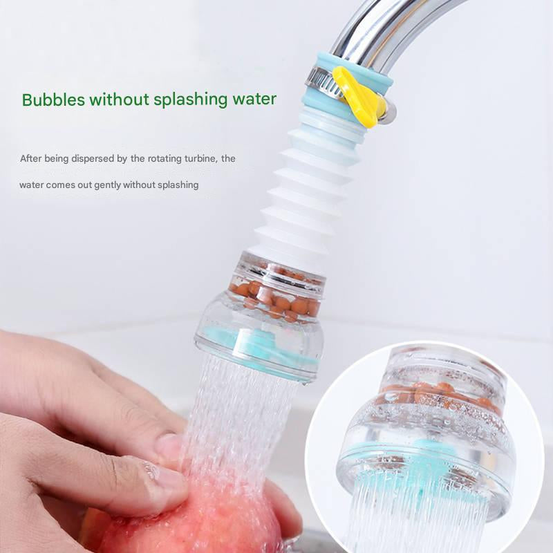 Faucet attachment dispersing bubbles without splashing water, with a close-up inset.