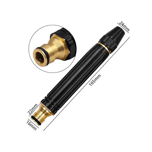 Black and gold spray nozzle with measurements on a white background